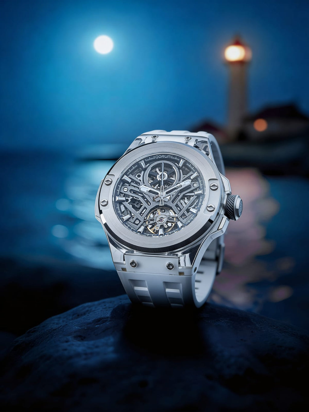 Qorum Equinox Men’s Automatic Skeleton Watch – Steel Finish Dial, Blue Detailing, White Silicon Strap (Copy)