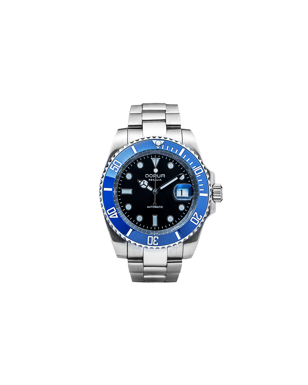 Qorum Regalia Men’s Automatic Watch - Black Dial, Blue Bezel, Date Display, Stainless Steel Strap
