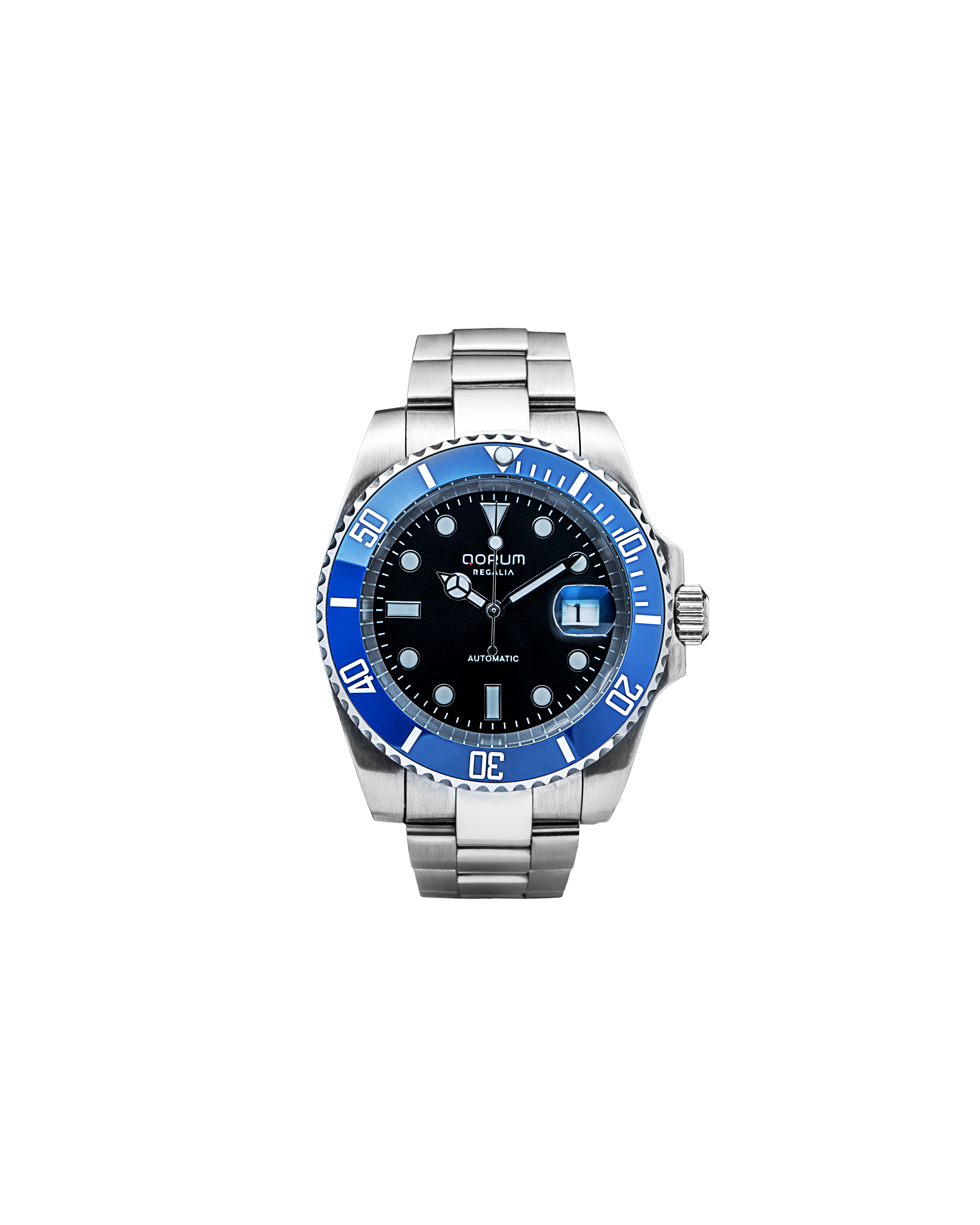 Qorum Regalia Men’s Automatic Watch - Black Dial, Blue Bezel, Date Display, Stainless Steel Strap