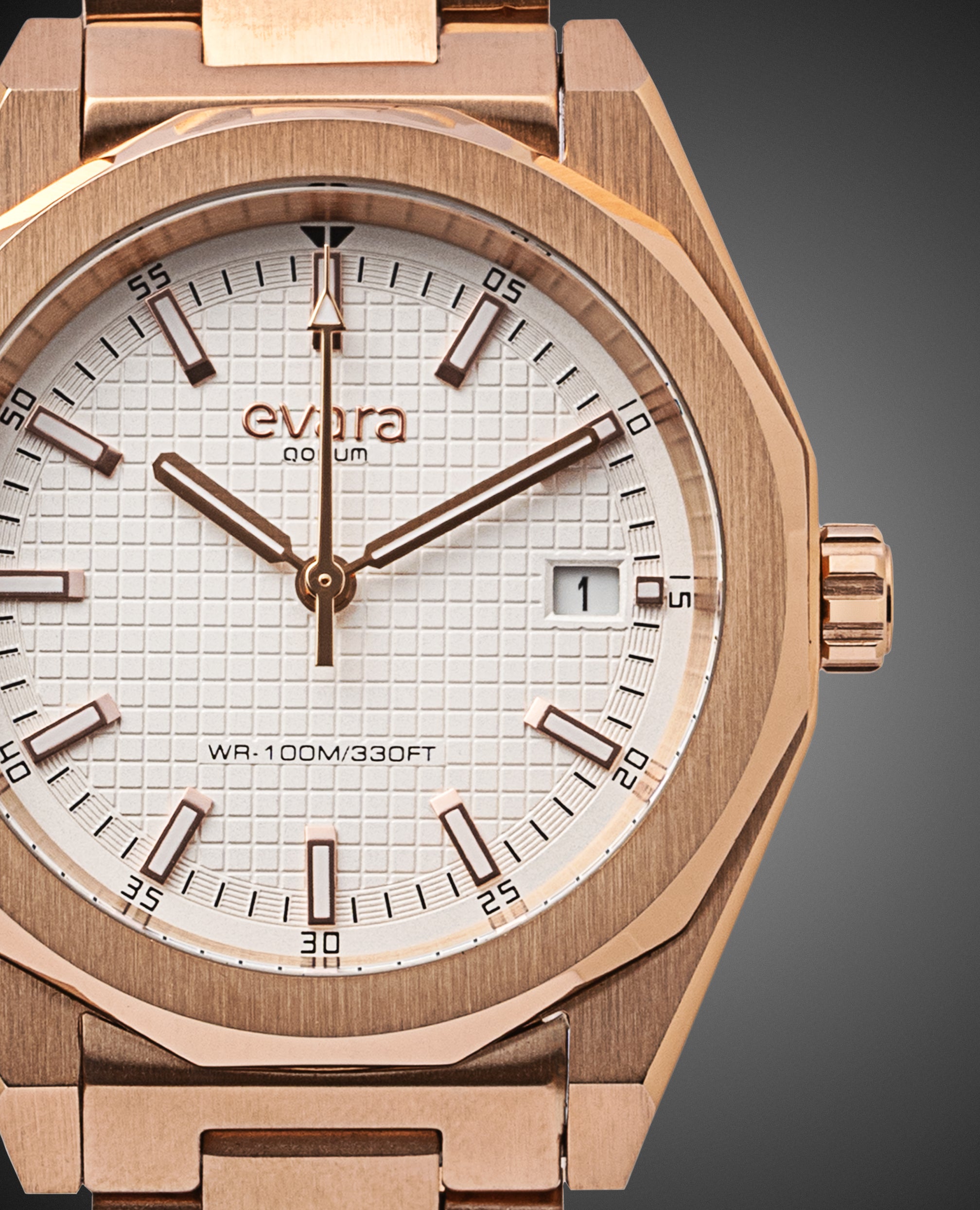 Qorum Evara Ladies Watch – White Dial, Date Display, Rose Gold plated Stainless Steel Strap