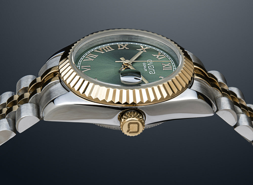 Qorum Evara -Ladies Watch: Two-Tone Gold plated Stainless Steel Case with Green dial