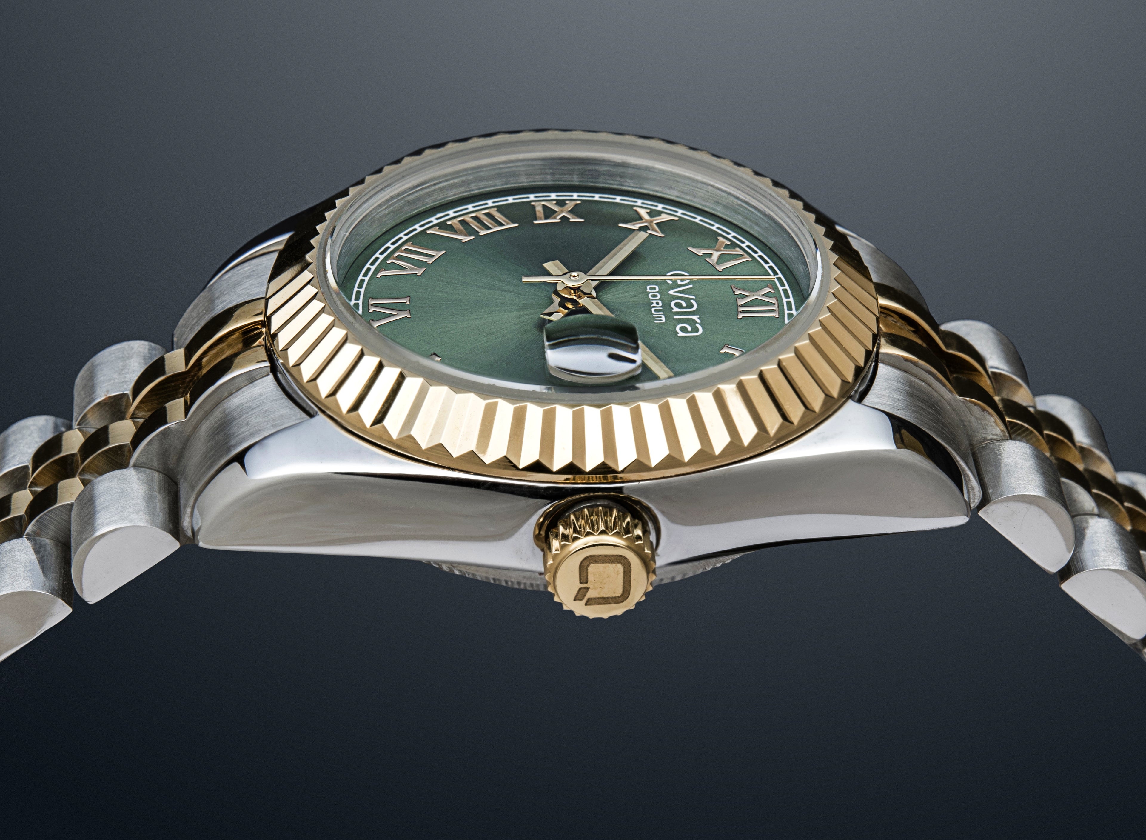 Qorum Evara -Ladies Watch: Two-Tone Gold plated Stainless Steel Case with Green dial