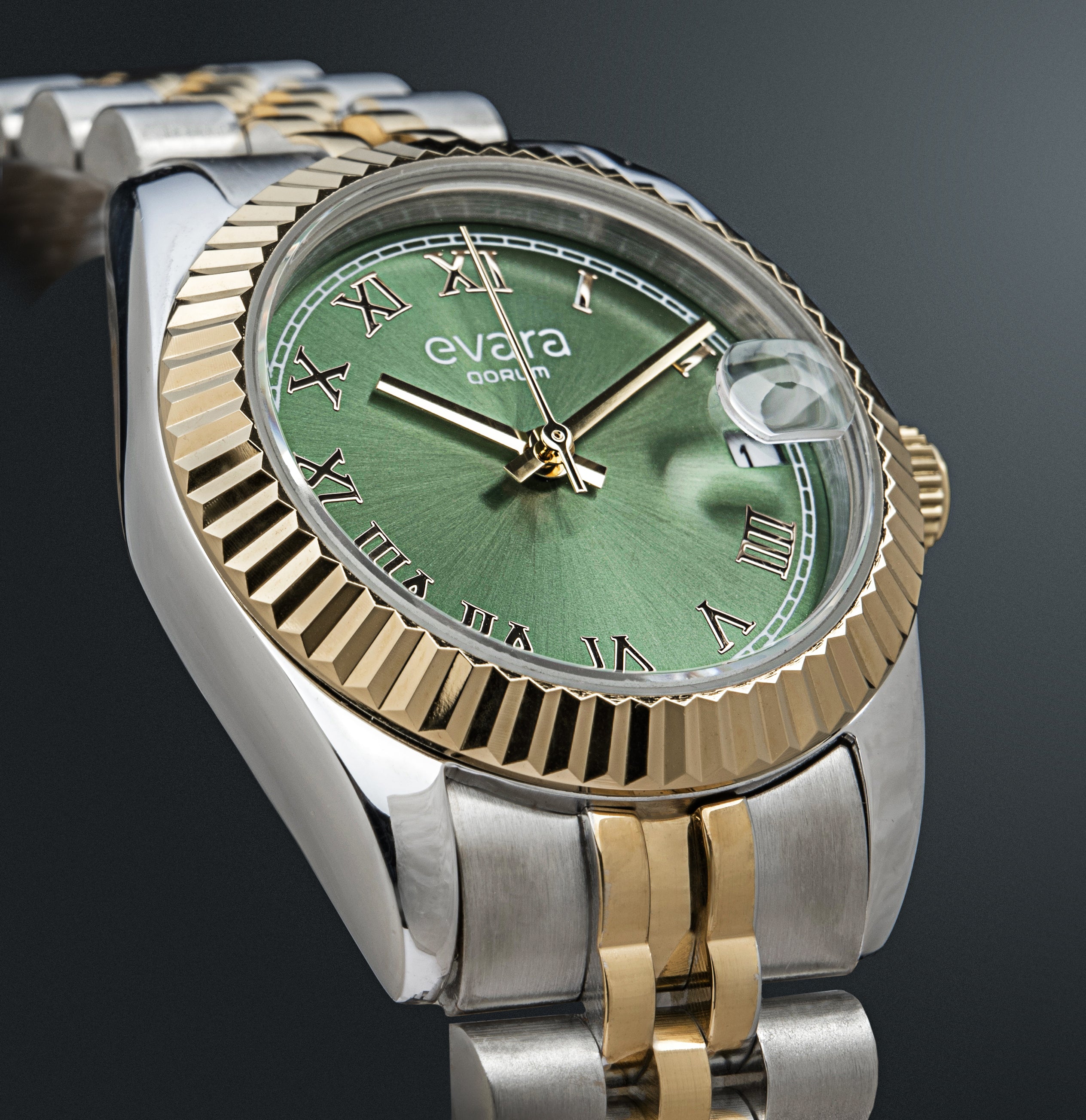 Qorum Evara -Ladies Watch: Two-Tone Gold plated Stainless Steel Case with Green dial