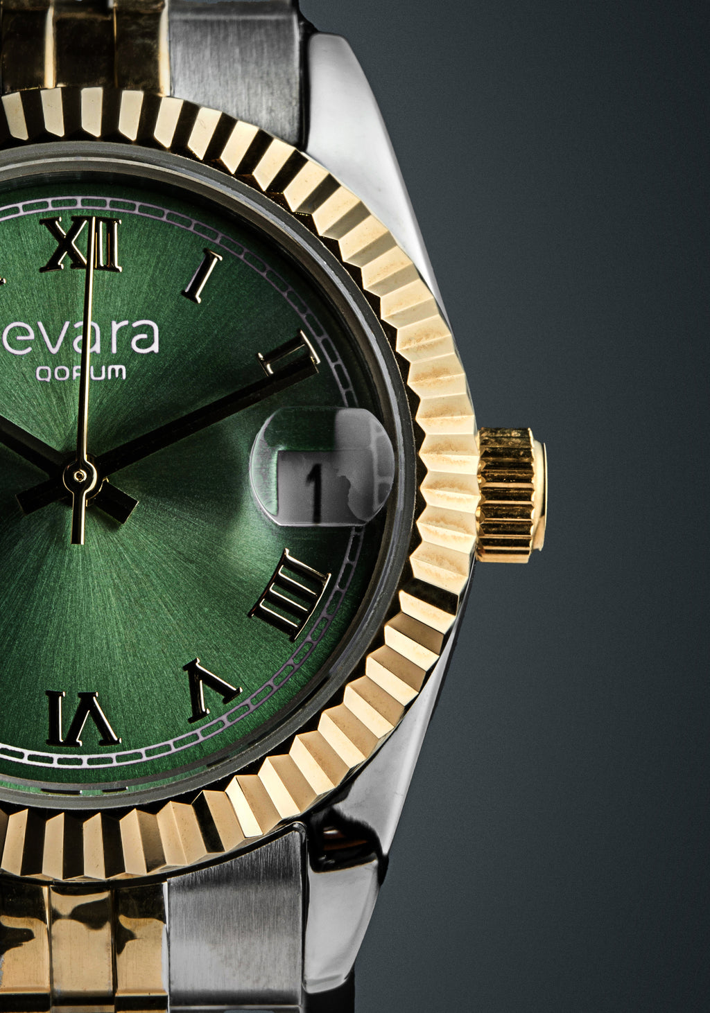 Qorum Evara -Ladies Watch: Two-Tone Gold plated Stainless Steel Case with Green dial