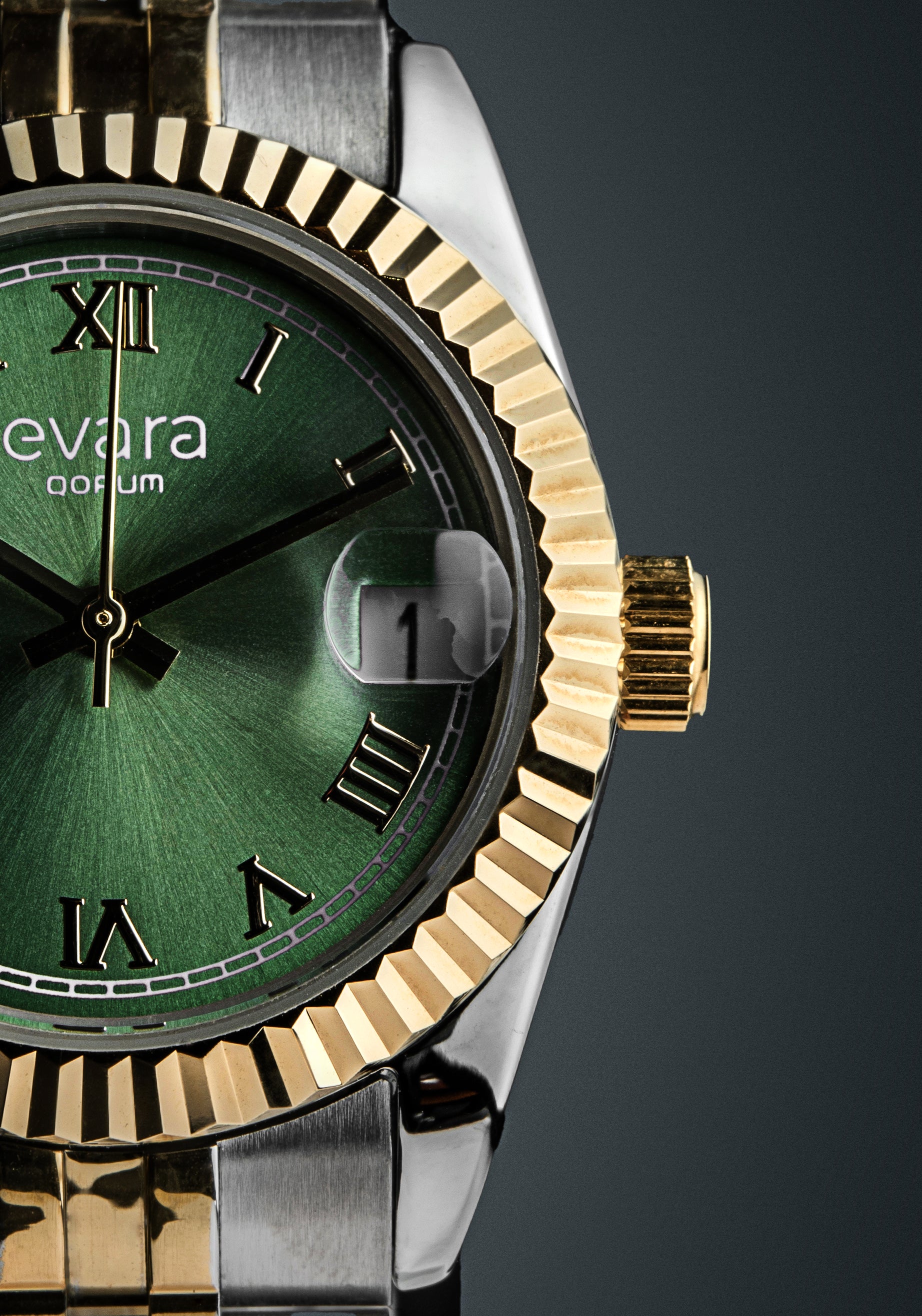 Qorum Evara -Ladies Watch: Two-Tone Gold plated Stainless Steel Case with Green dial