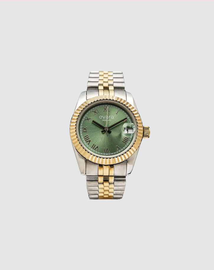 Qorum Evara -Ladies Watch: Two-Tone Gold plated Stainless Steel Case with Green dial