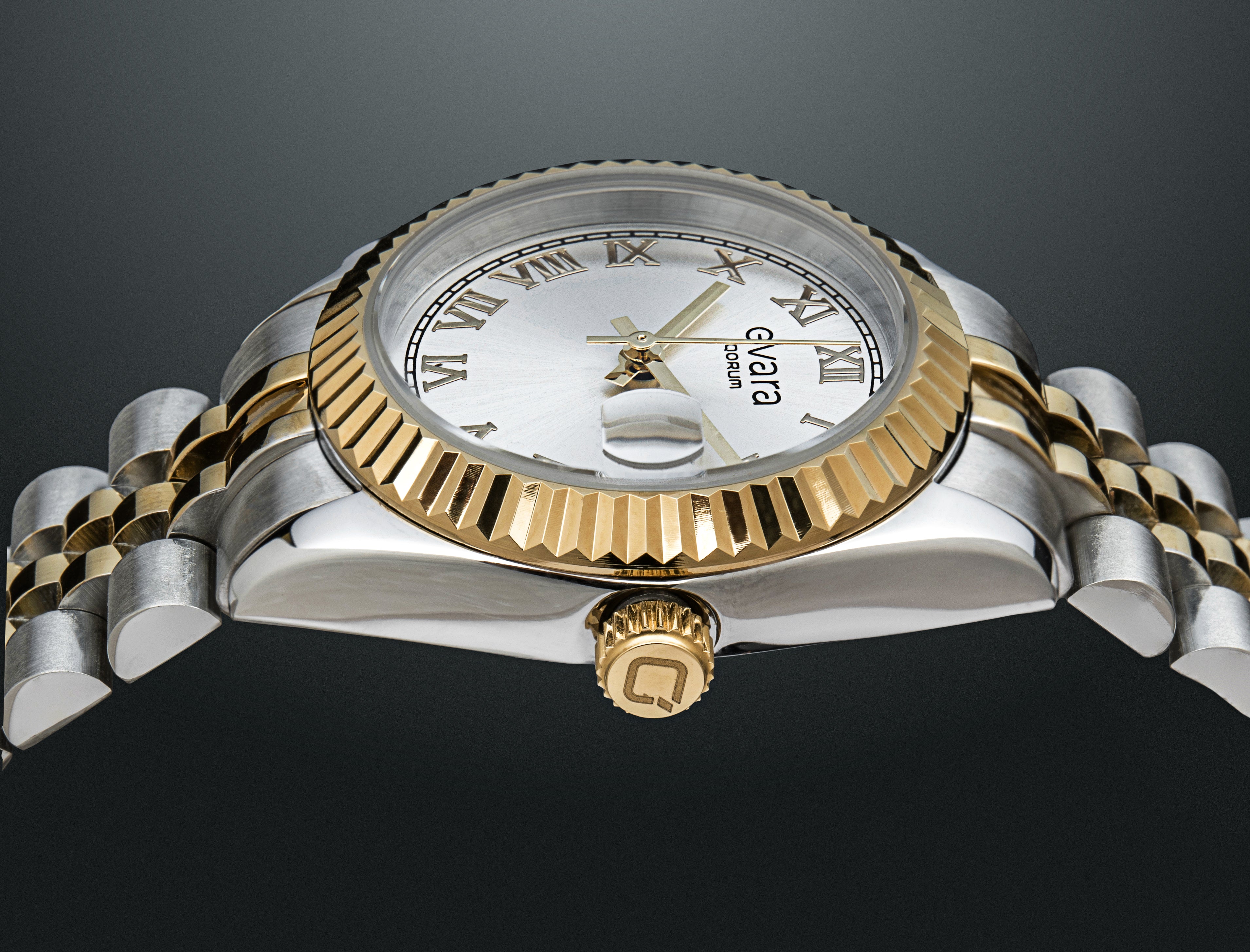 Qorum Evara - Ladies Watch: Two-Tone Gold plated Stainless Steel Case with Silver dial