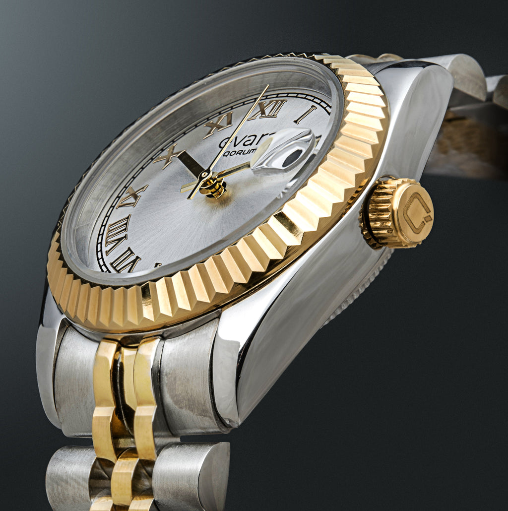 Qorum Evara - Ladies Watch: Two-Tone Gold plated Stainless Steel Case with Silver dial