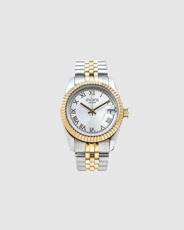 Qorum Evara - Ladies Watch: Two-Tone Gold plated Stainless Steel Case with Silver dial