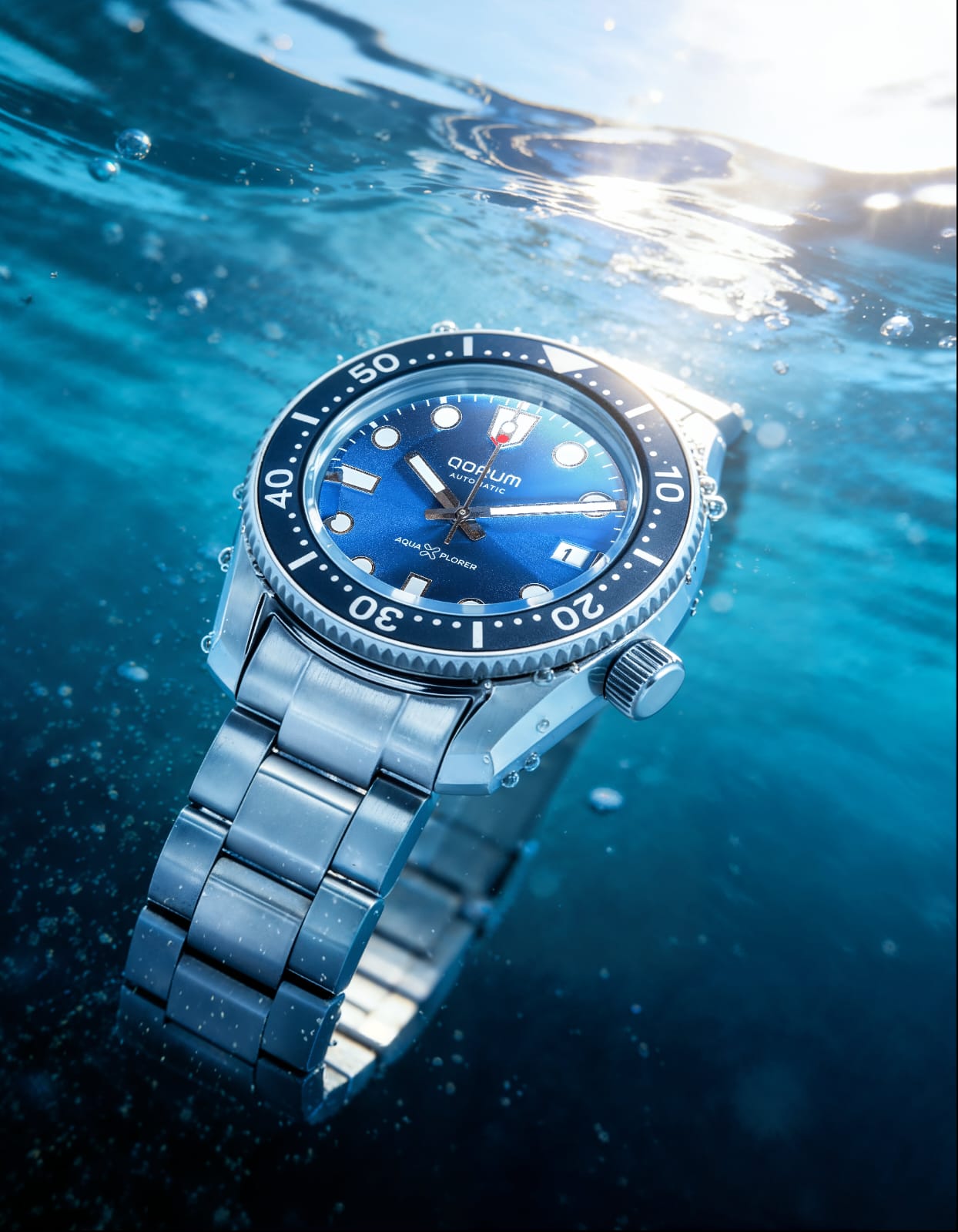Qorum Aquaxplorer Men’s Automatic Watch –Royal Blue Dial, Date Display, Stainless Steel Strap