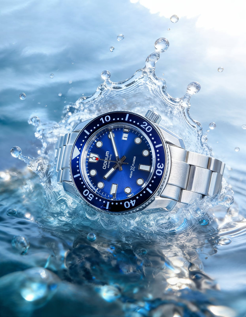 Qorum Aquaxplorer Men’s Automatic Watch –Royal Blue Dial, Date Display, Stainless Steel Strap