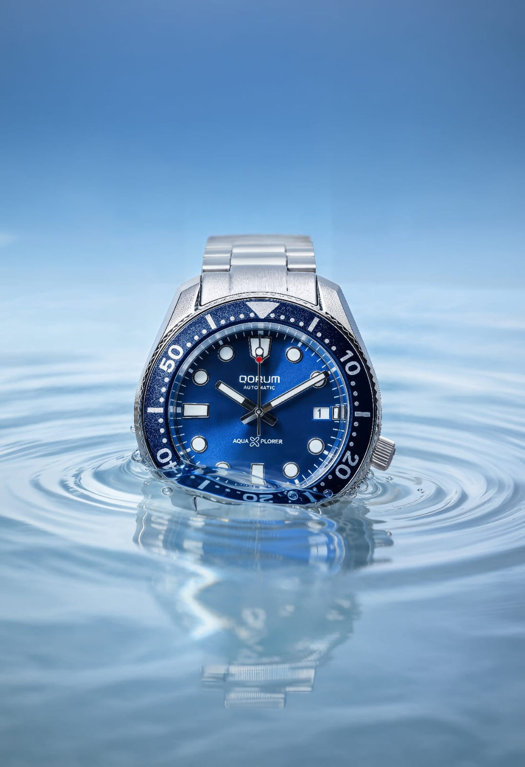 Qorum Aquaxplorer Men’s Automatic Watch –Royal Blue Dial, Date Display, Stainless Steel Strap