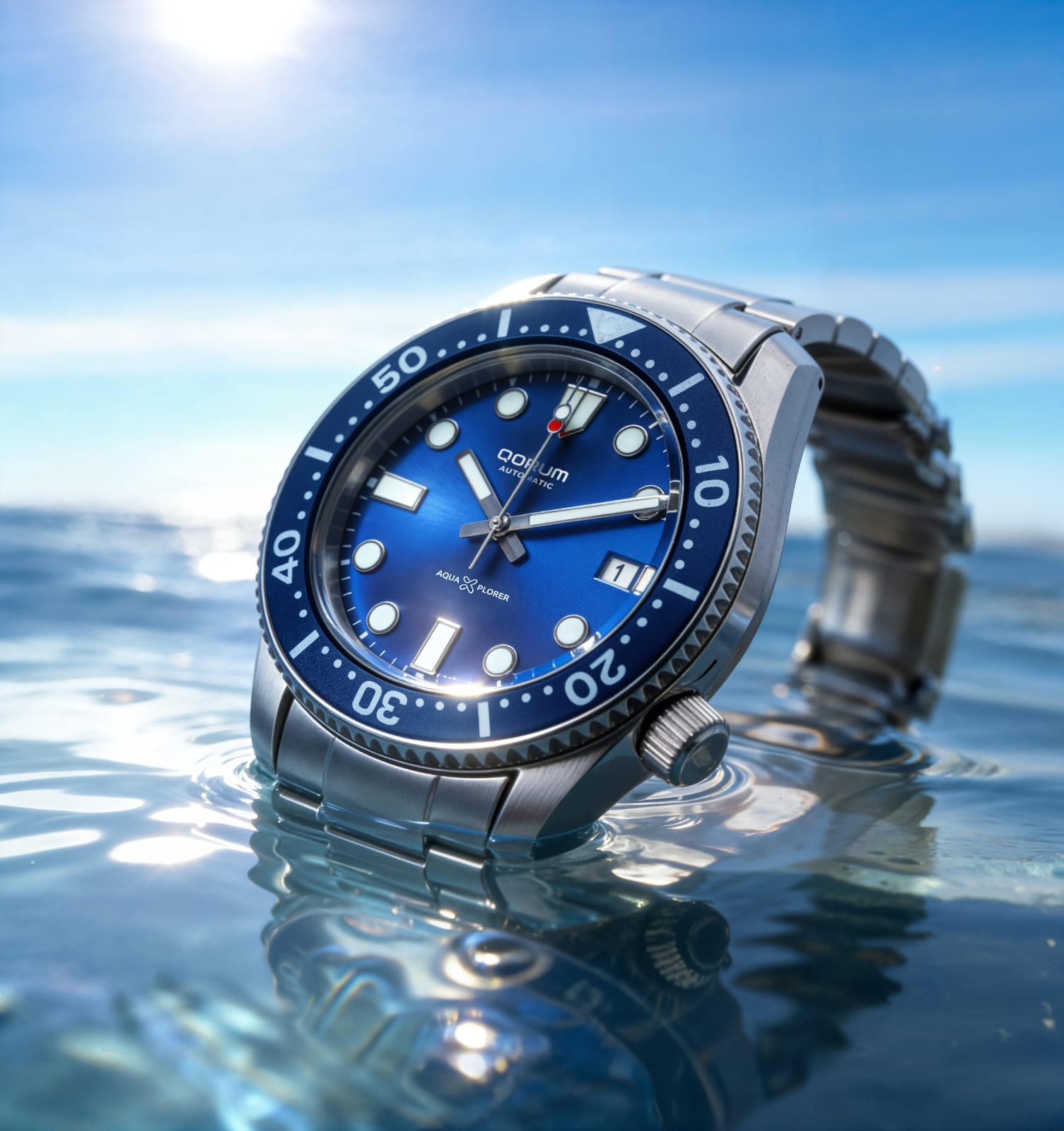 Qorum Aquaxplorer Men’s Automatic Watch –Royal Blue Dial, Date Display, Stainless Steel Strap