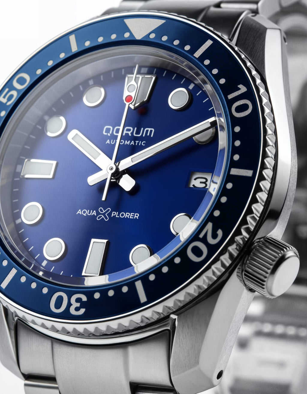 Qorum Aquaxplorer Men’s Automatic Watch –Royal Blue Dial, Date Display, Stainless Steel Strap