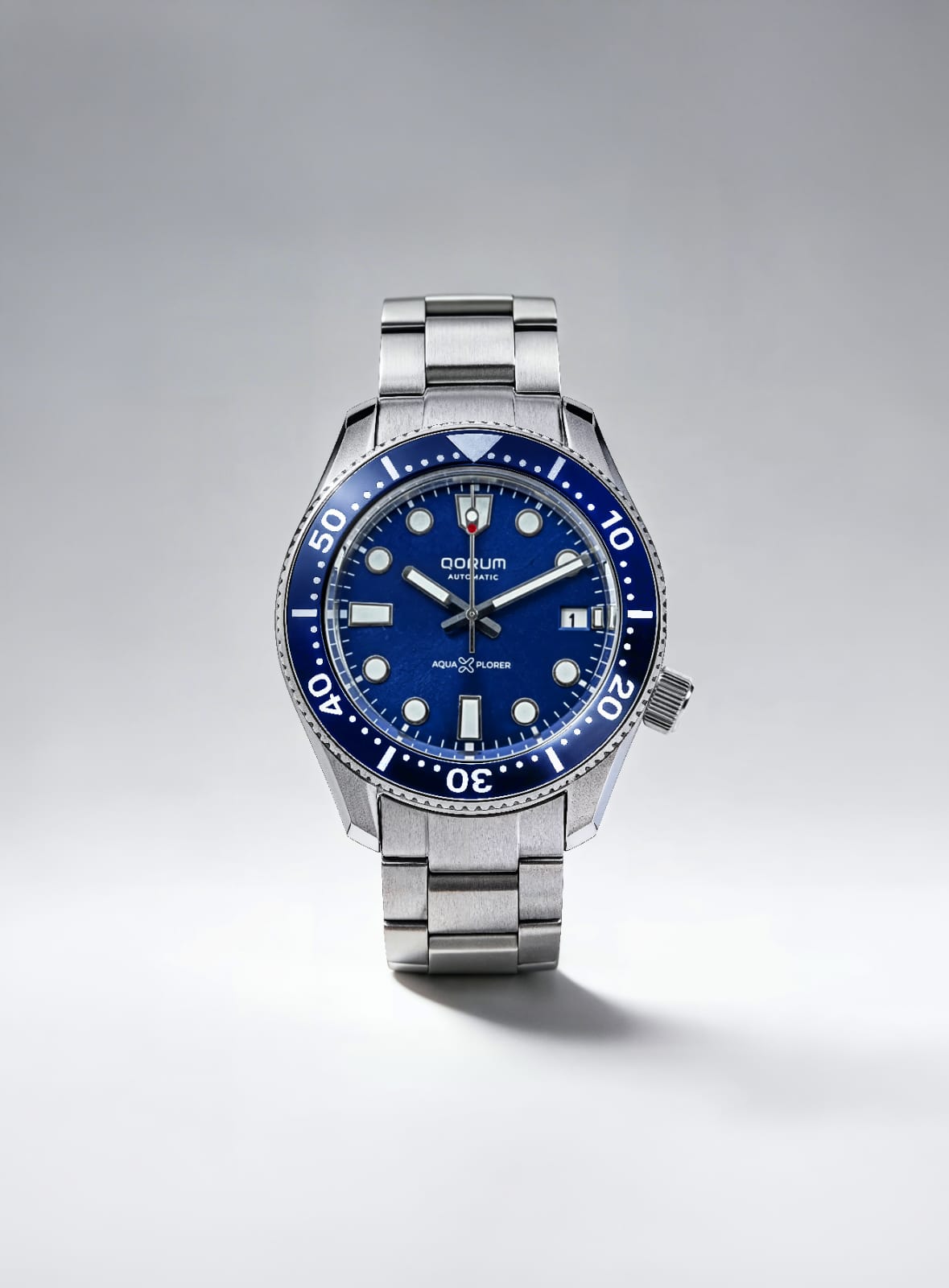 Qorum Aquaxplorer Men’s Automatic Watch –Royal Blue Dial, Date Display, Stainless Steel Strap