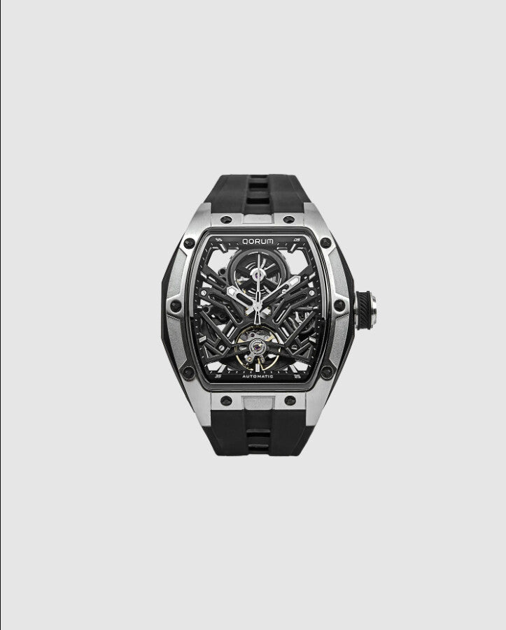 Qorum Equinox Men’s Automatic Skeleton Watch - Black Dial with Silver Detailing, Black silicon strap