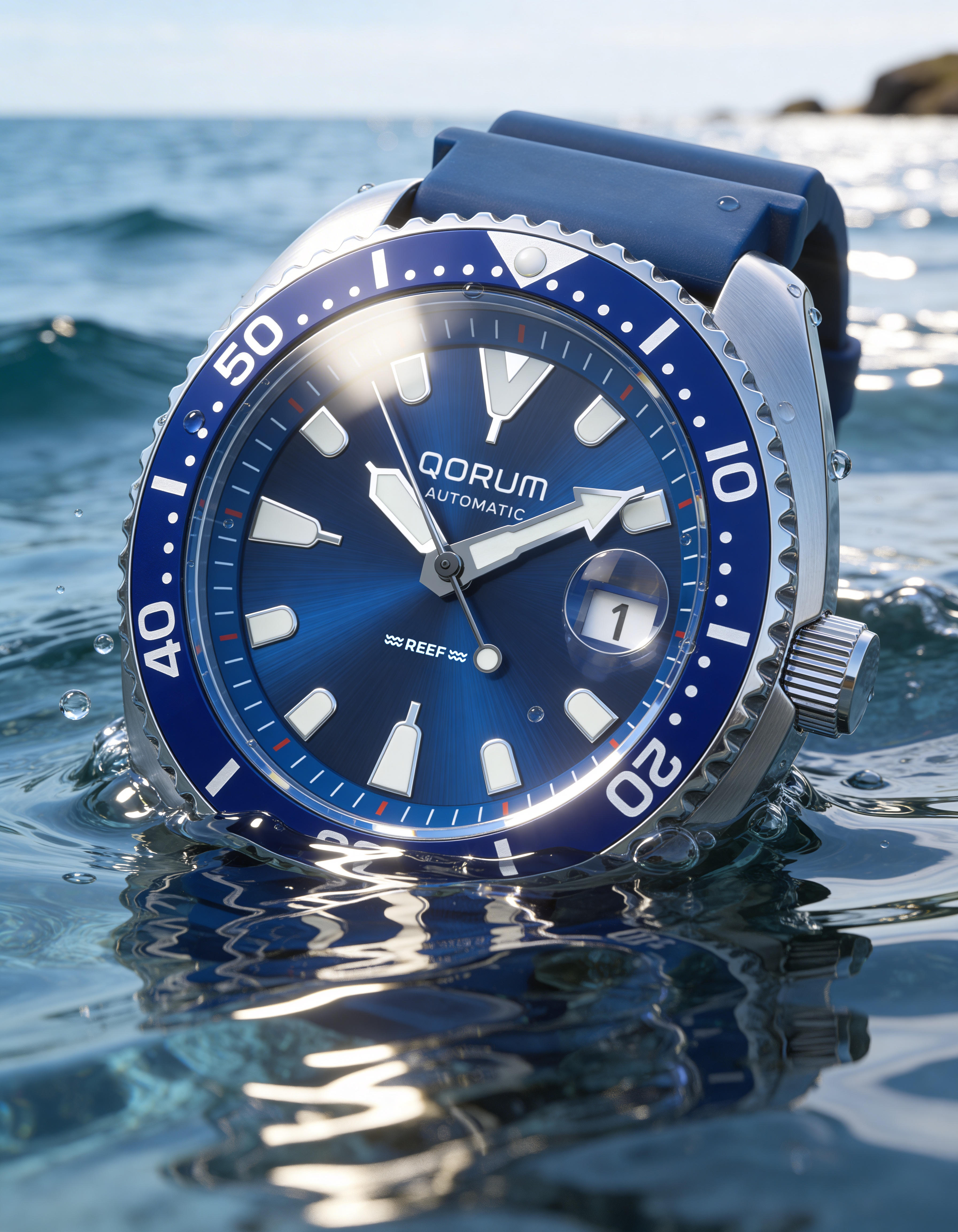 Qorum Reef Men’s Automatic Watch – Royal Blue Dial, Date Display, Silicon Strap