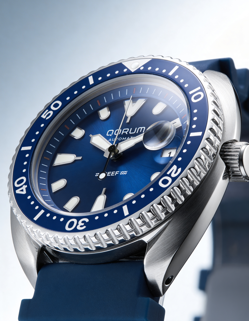 Qorum Reef Men’s Automatic Watch – Royal Blue Dial, Date Display, Silicon Strap