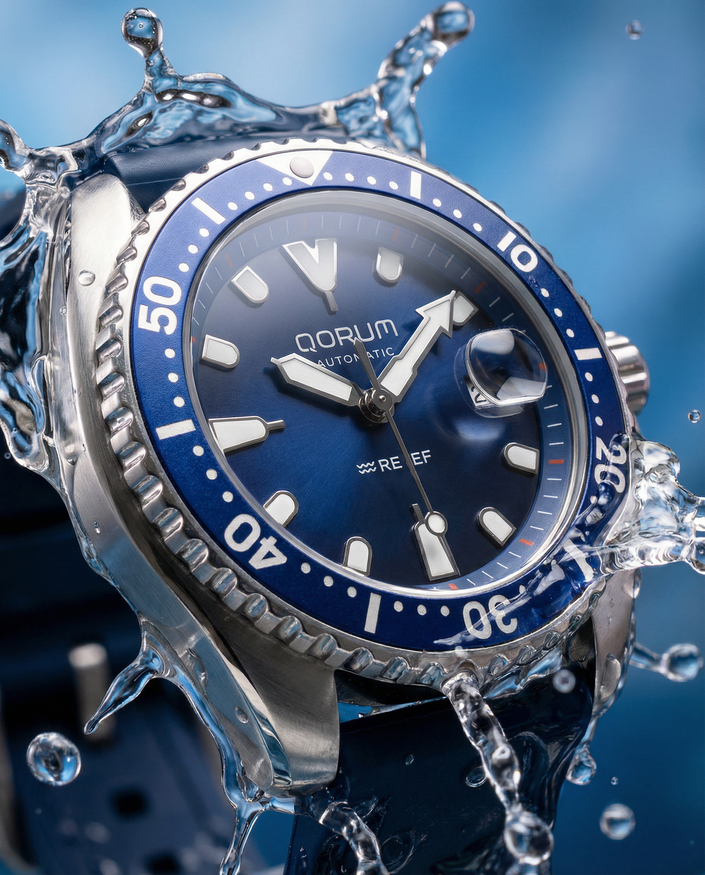 Qorum Reef Men’s Automatic Watch – Royal Blue Dial, Date Display, Silicon Strap