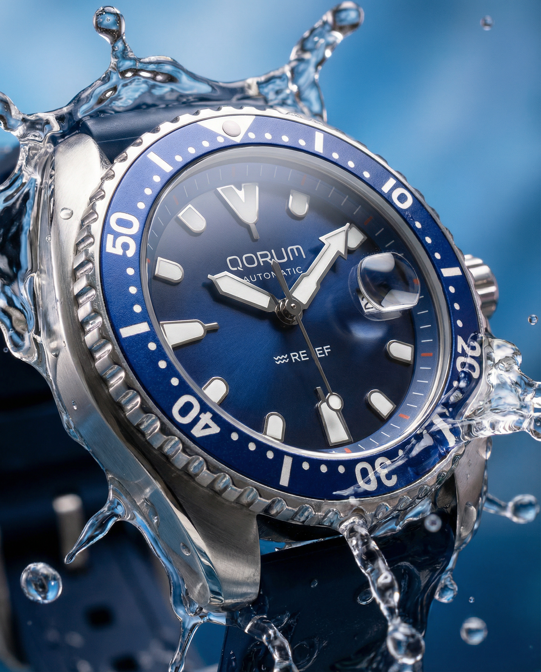 Qorum Reef Men’s Automatic Watch – Royal Blue Dial, Date Display, Silicon Strap