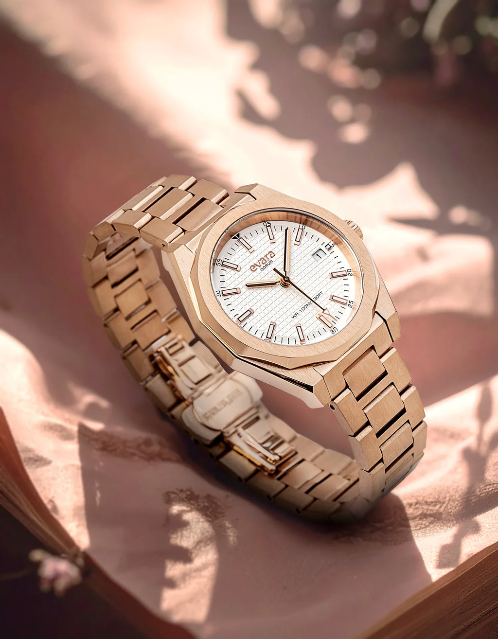 Qorum Evara Ladies Watch – White Dial, Date Display, Rose Gold plated Stainless Steel Strap