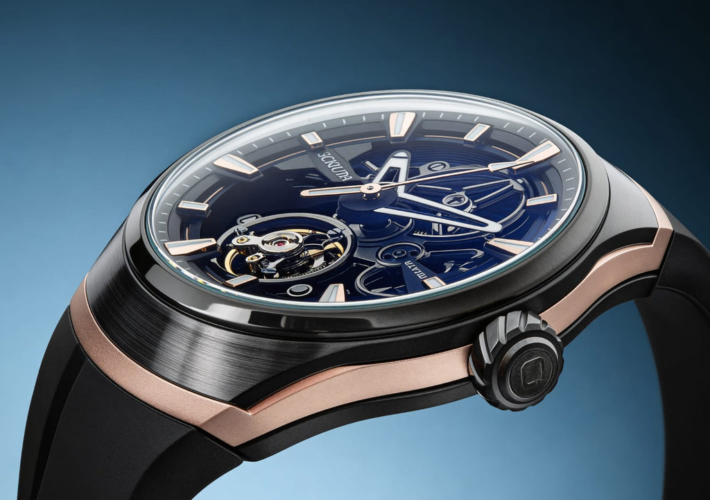 Qorum Equinox Men’s Automatic Skeleton Watch - Black Dial, Steel and Rose Gold Detailing, Black Fluoro Rubber strap