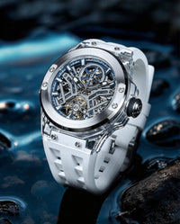 Qorum Equinox Men’s Automatic Skeleton Watch – Steel Finish Dial, Blue Detailing, White Silicon Strap