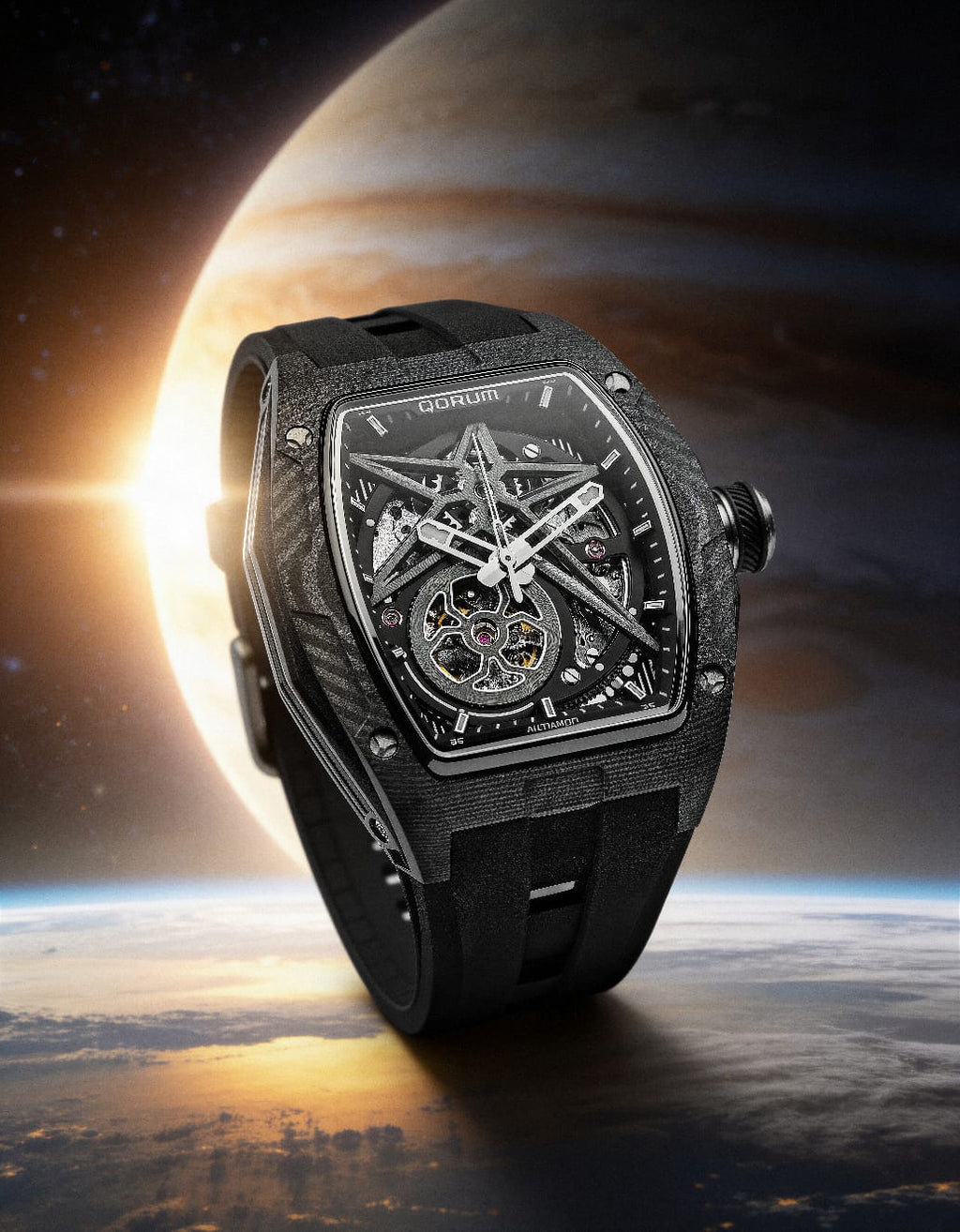 Qorum Equinox Men’s Automatic Skeleton Watch - Black Dial, Chrome Detailing, Black Silicon strap