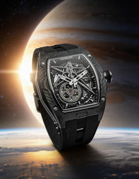 Qorum Equinox Men’s Automatic Skeleton Watch - Black Dial, Chrome Detailing, Black Silicon strap