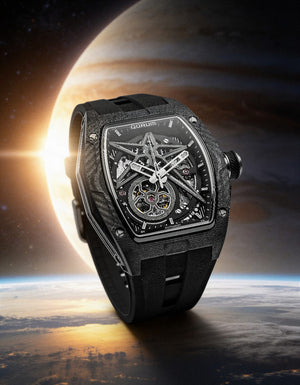 Qorum Equinox Men’s Automatic Skeleton Watch - Black Dial, Chrome Detailing, Black Silicon strap