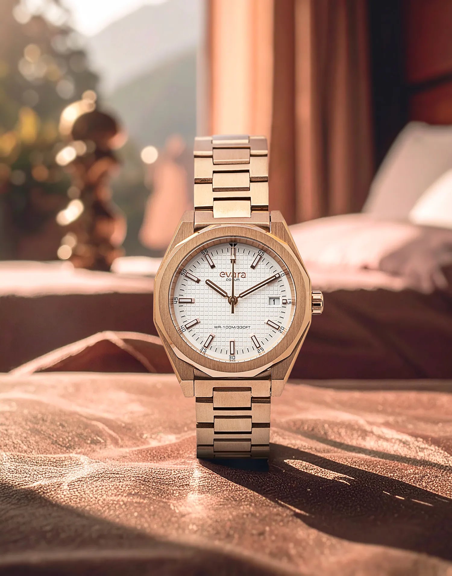 Qorum Evara Ladies Watch – White Dial, Date Display, Rose Gold Plated Stainless Steel Strap