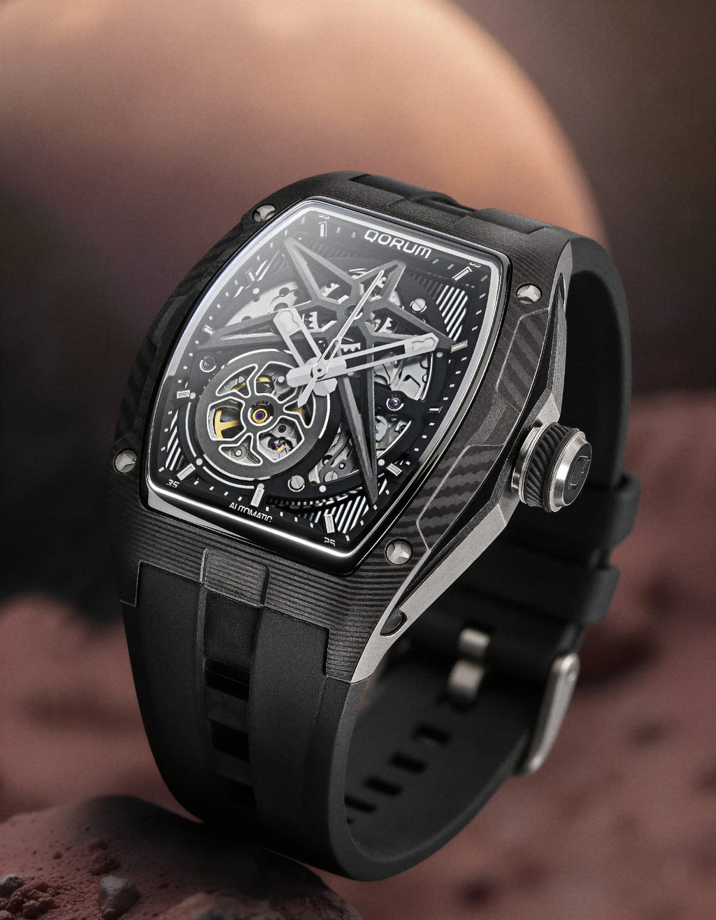 Qorum Equinox Men’s Automatic Skeleton Watch - Black Dial, Chrome Detailing, Black Silicon strap