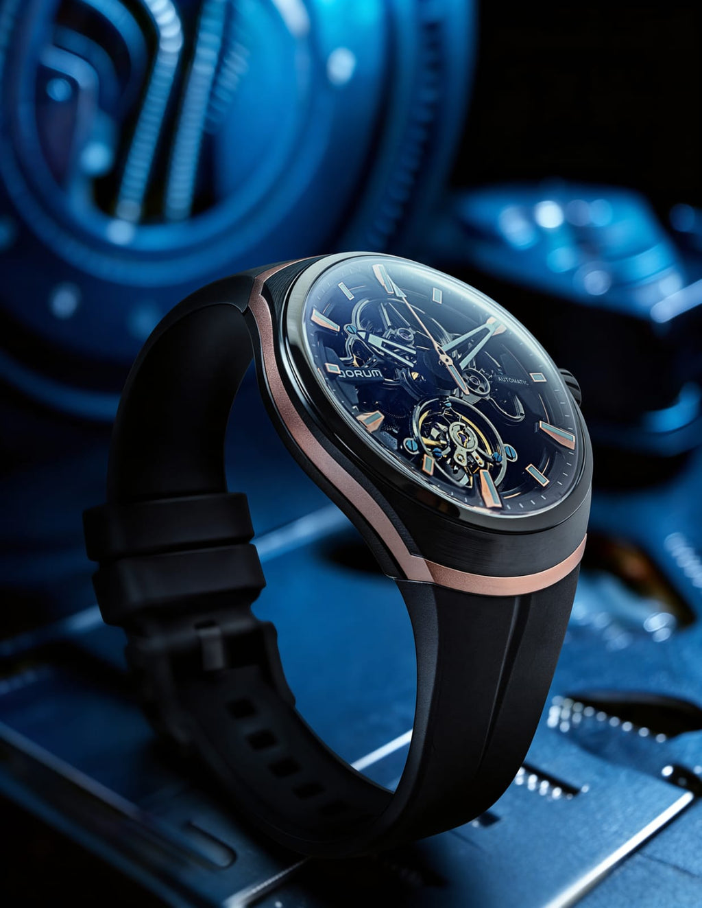Qorum Equinox Men’s Automatic Skeleton Watch - Black Dial, Steel and Rose Gold Detailing, Black Fluoro Rubber strap