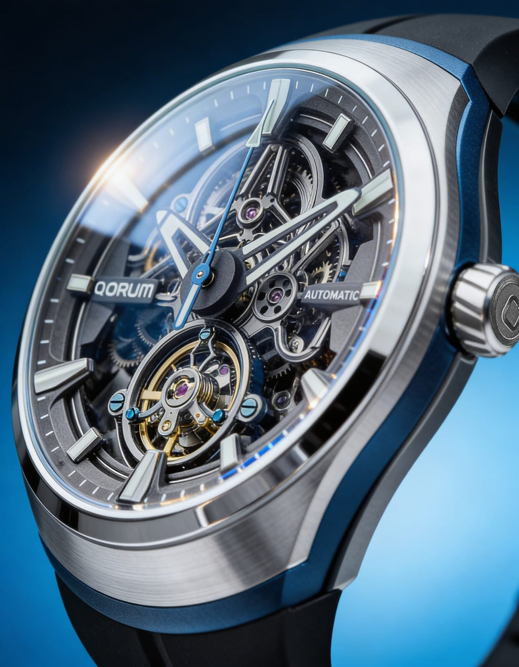 Qorum Equinox Men’s Automatic Skeleton Watch - Black Dial, Steel and Blue Detailing, Black Fluoro Rubber strap