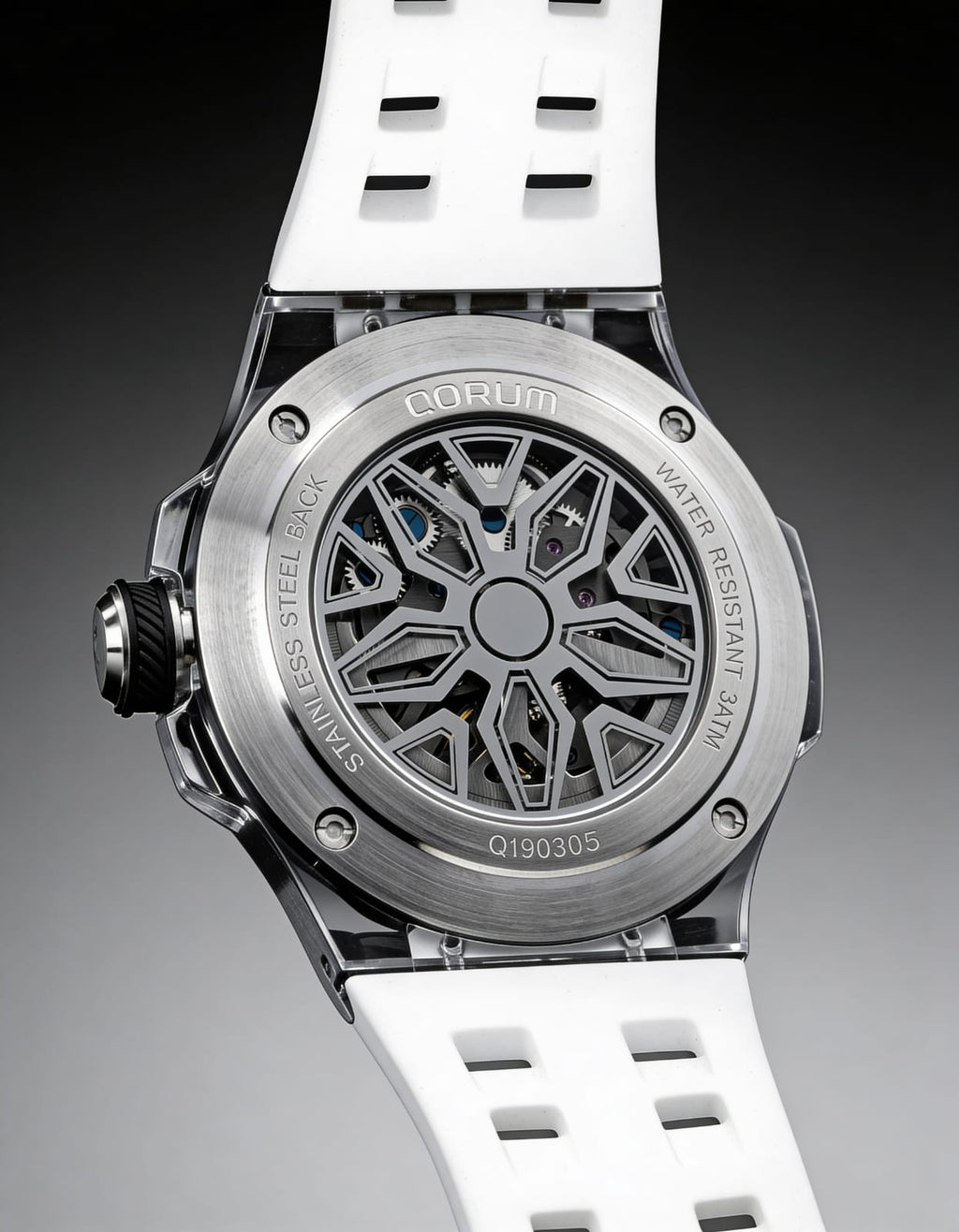Qorum Equinox Men’s Automatic Skeleton Watch – Steel Finish Dial, Blue Detailing, White Silicon Strap (Copy)