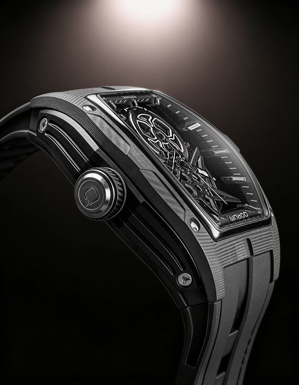 Qorum Equinox Men’s Automatic Skeleton Watch - Black Dial, Chrome Detailing, Black Silicon strap