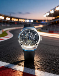 Qorum Equinox Men’s Automatic Skeleton Watch - Black Dial, Steel and Blue Detailing, Black Fluoro Rubber strap