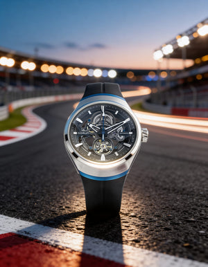 Qorum Equinox Men’s Automatic Skeleton Watch - Black Dial, Steel and Blue Detailing, Black Fluoro Rubber strap