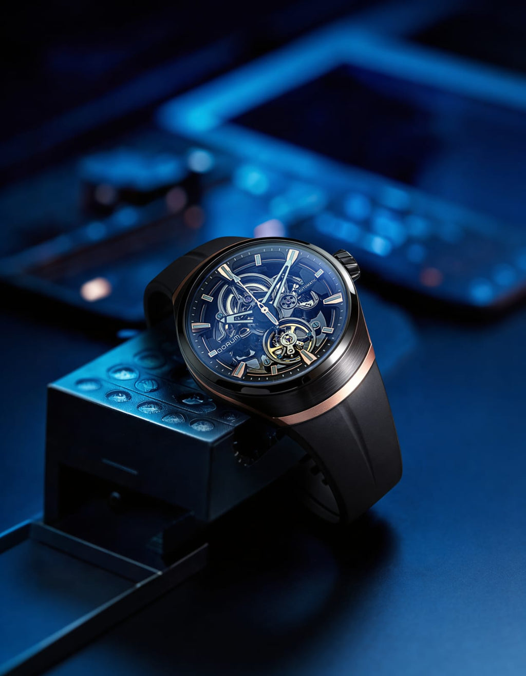 Qorum Equinox Men’s Automatic Skeleton Watch - Black Dial, Steel and Rose Gold Detailing, Black Fluoro Rubber strap
