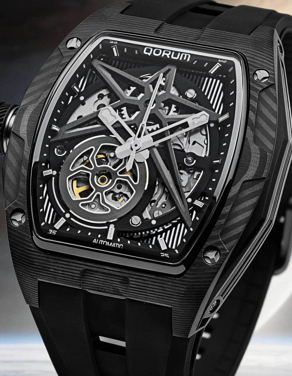Qorum Equinox Men’s Automatic Skeleton Watch - Black Dial, Chrome Detailing, Black Silicon strap