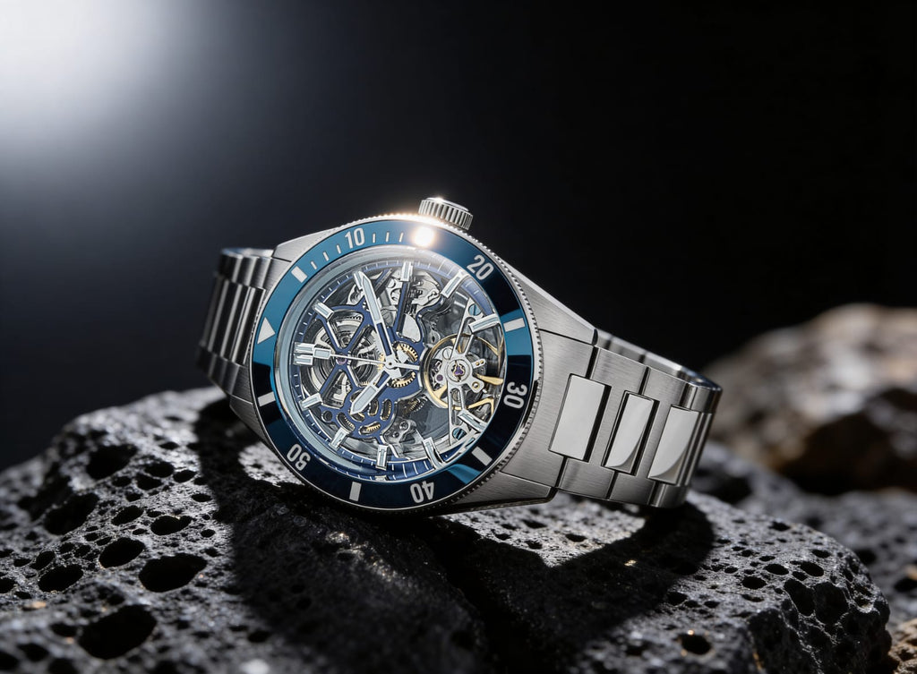 Qorum Equinox Men’s Automatic Skeleton Watch – Steel Finish Dial, Blue Bezel, Stainless Steel Strap
