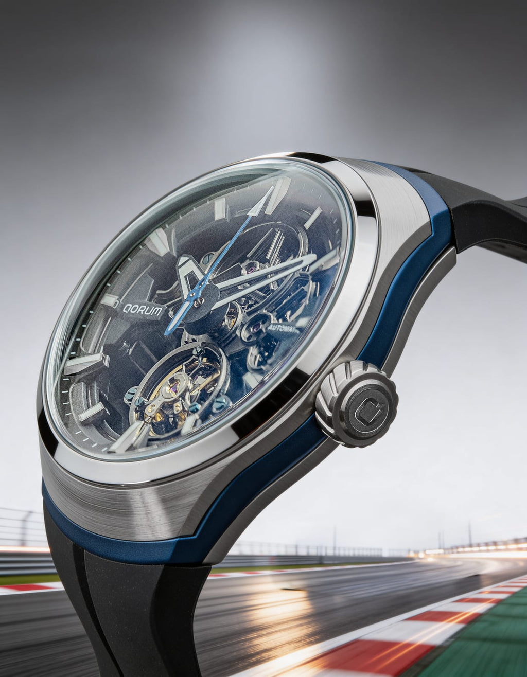 Qorum Equinox Men’s Automatic Skeleton Watch - Black Dial, Steel and Blue Detailing, Black Fluoro Rubber strap