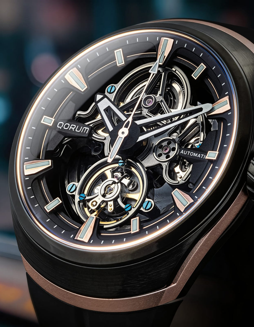 Qorum Equinox Men’s Automatic Skeleton Watch - Black Dial, Steel and Rose Gold Detailing, Black Fluoro Rubber strap