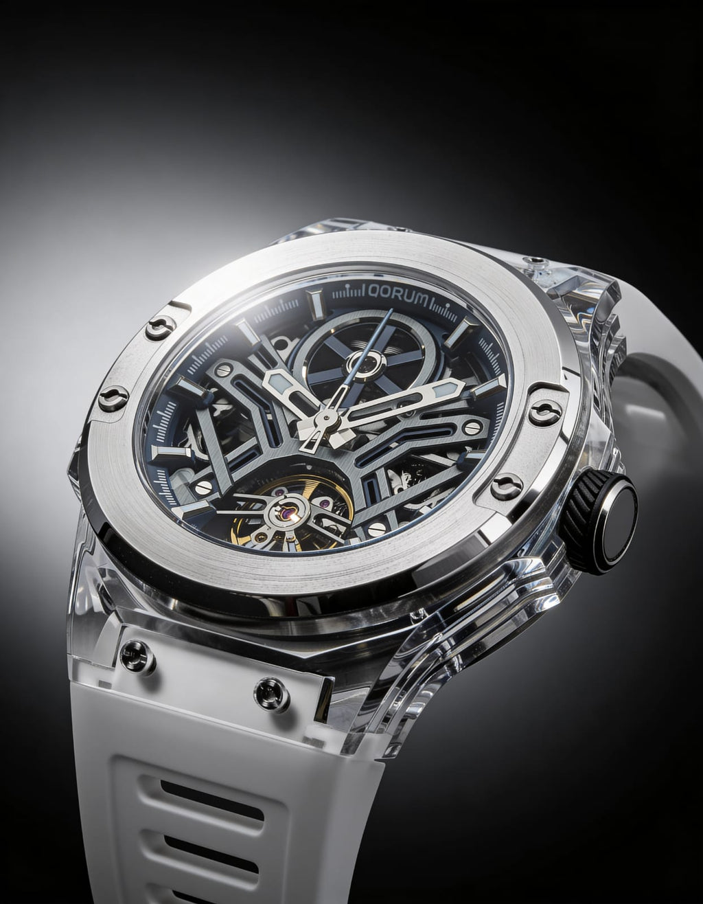 Qorum Equinox Men’s Automatic Skeleton Watch – Steel Finish Dial, Blue Detailing, White Silicon Strap (Copy)