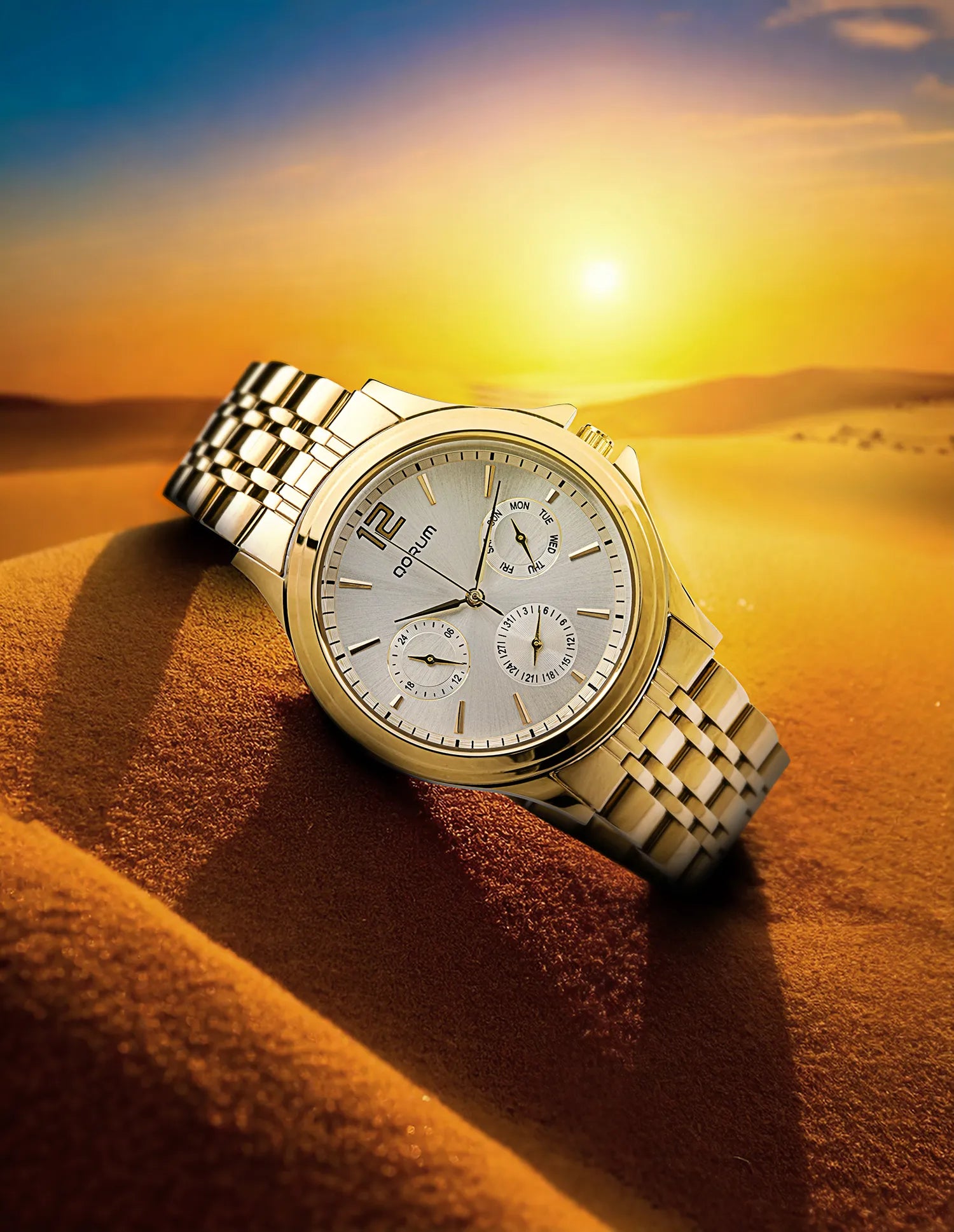 Qorum Verve Men’s Multi-Function Watch – Silver Dial, Gold plated Stainless Steel Strap