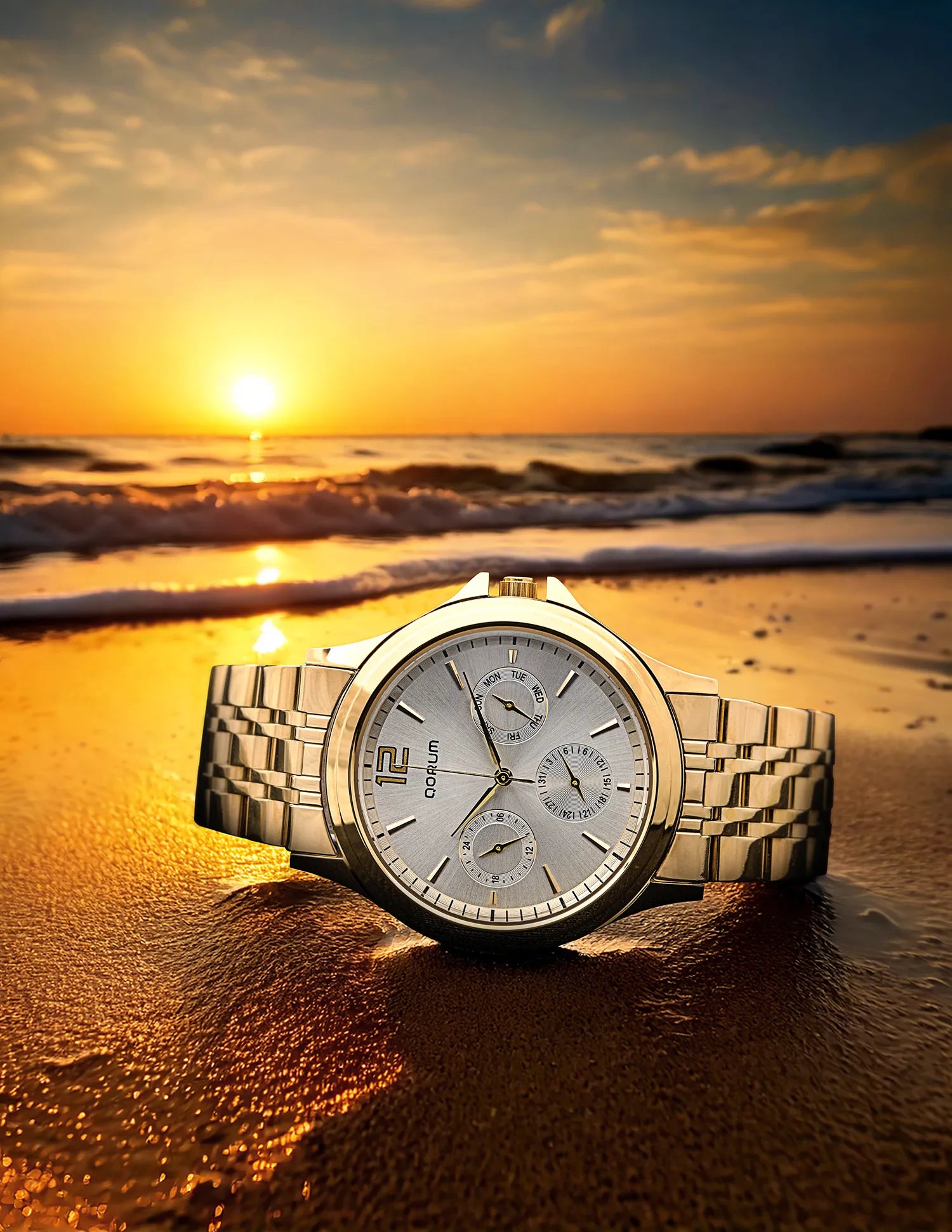 Qorum Verve Men’s Multi-Function Watch – Silver Dial, Gold plated Stainless Steel Strap