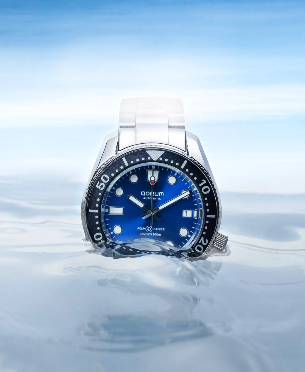 Qorum Aquaxplorer Men’s Automatic Watch - Royal Blue Dial, Date Display, Stainless Steel Strap