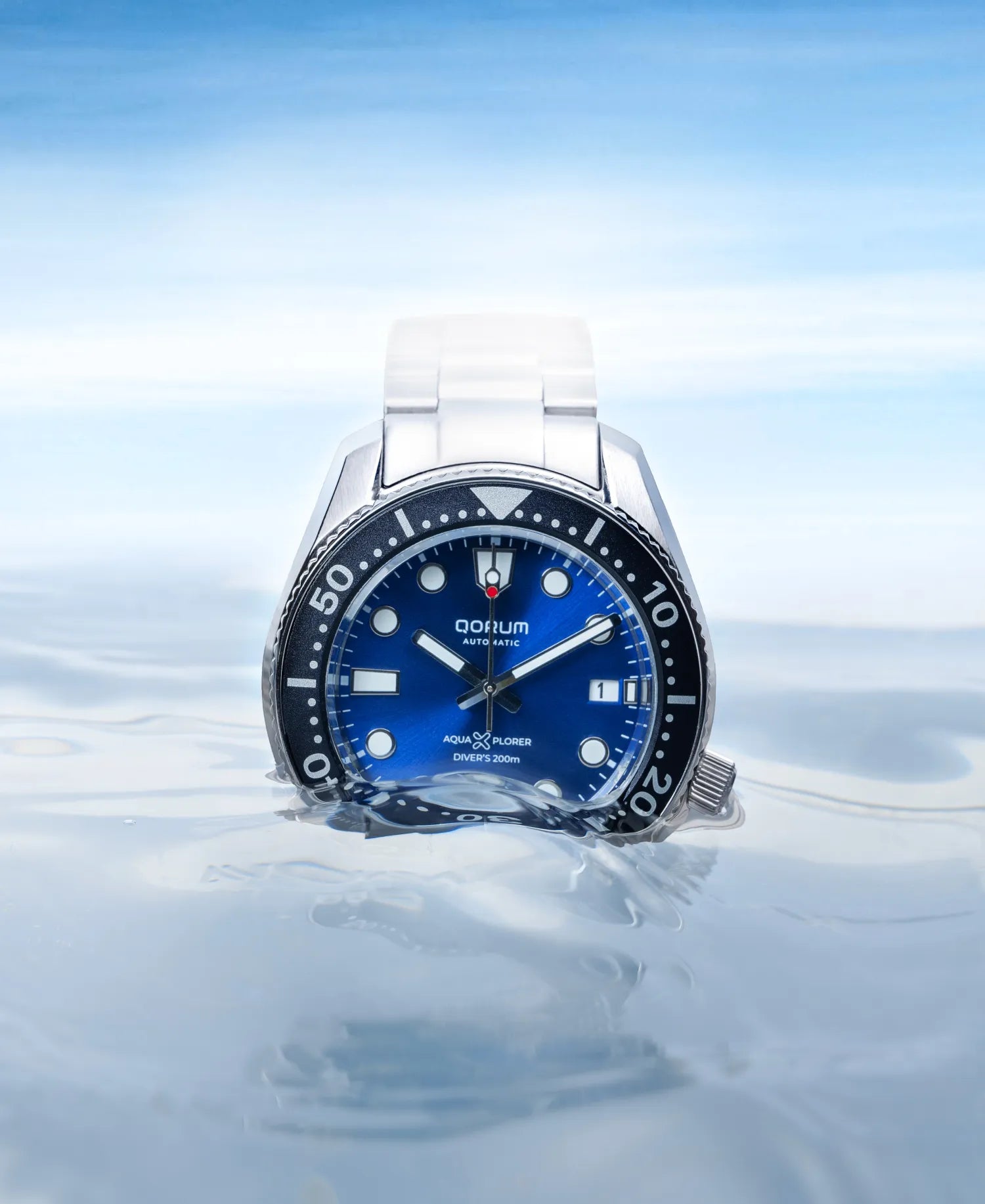 Qorum Aquaxplorer Men’s Automatic Watch - Royal Blue Dial, Date Display, Stainless Steel Strap