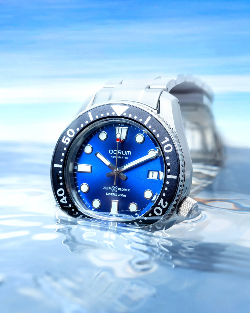 Qorum Aquaxplorer Men’s Automatic Watch - Royal Blue Dial, Date Display, Stainless Steel Strap