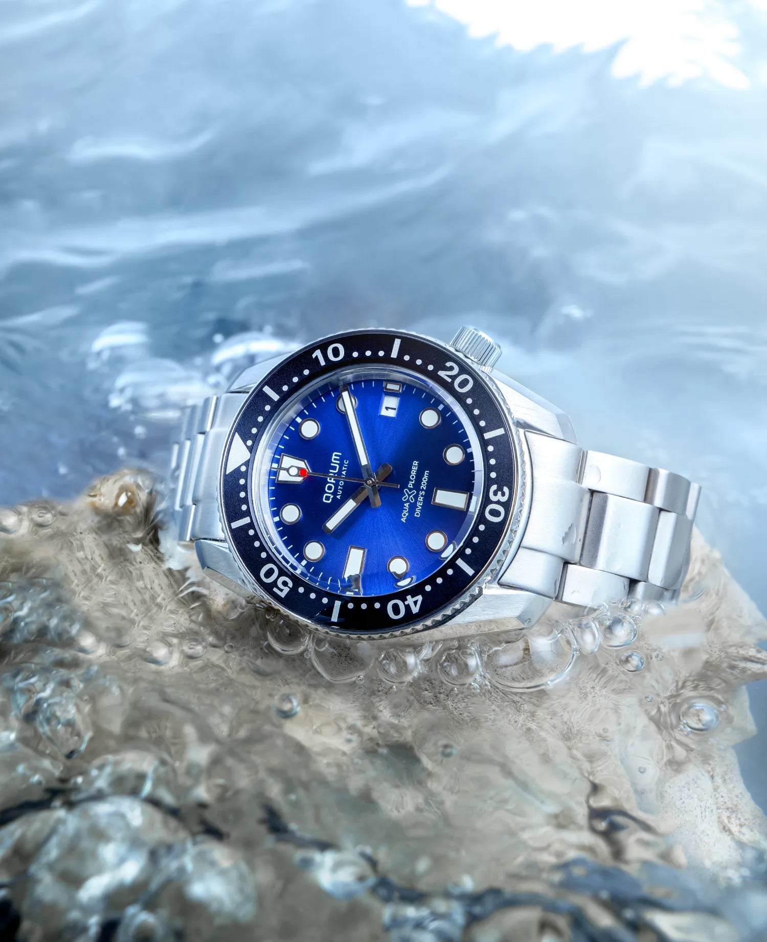Qorum Aquaxplorer Men’s Automatic Watch - Royal Blue Dial, Date Display, Stainless Steel Strap